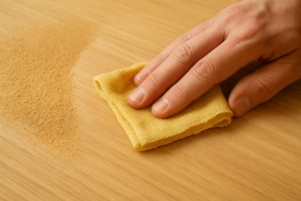 fine wood dust on a sanded surface being cleaned with a tack cloth