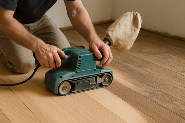 Insert image: A person carefully guiding a belt sander across a wooden floor, creating a smooth path.