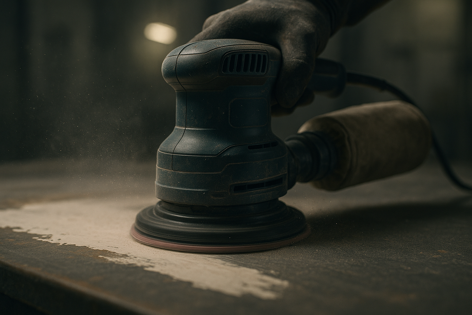 Close-up of a sanding disc on an orbital sander removing paint from wood