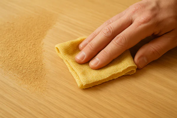 fine wood dust on a sanded surface being cleaned with a tack cloth