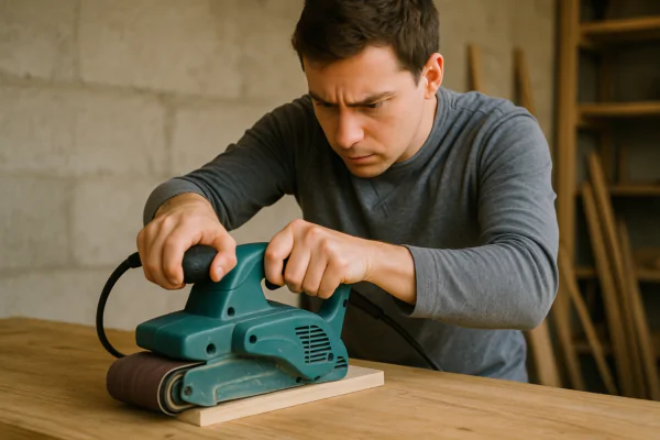 Insert image: A beginner carefully practicing using a belt sander on a scrap piece of wood, focusing on control and movement.