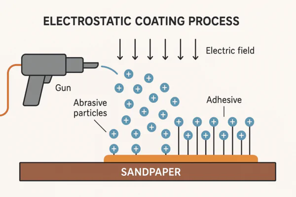 Insert image: Diagram showing electrostatic coating process for sandpaper