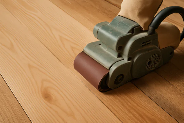 Insert image: A close-up of a smooth, freshly sanded section of a wood floor, showing the effectiveness of a belt sander.