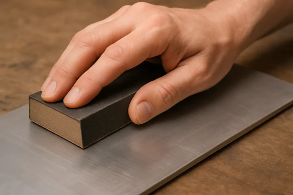 rubbing down metal with fine sandpaper