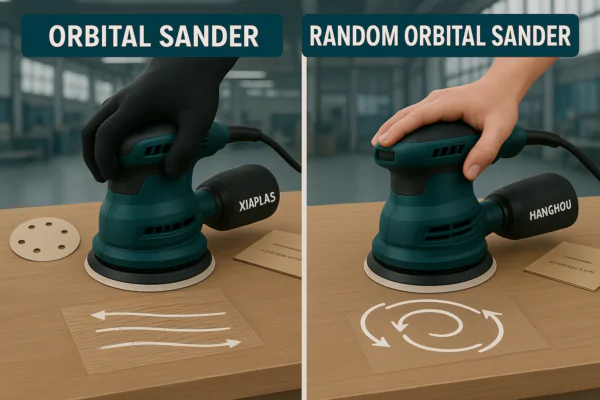 Insert image: A side-by-side comparison illustration of the sanding patterns of an orbital sander and a random orbital sander.